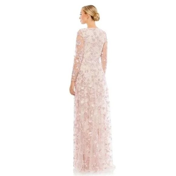 Mac Duggal 67483 Raspberry Floral Applique Long Sleeve Illusion Gown Size 18 NWT - Picture 3 of 10